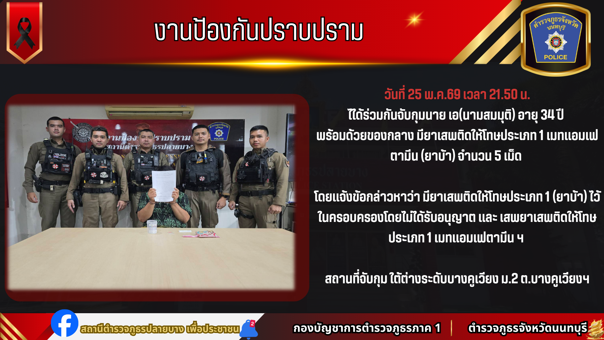 ได้ร่วมกันจับกุมนาย เอ(นามสมมุติ) อายุ 34 ปี มียาเสพติดให้โทษประเภท 1 เมทแอมเฟตามีน (ยาบ้า) จำนวน 5 เม็ด